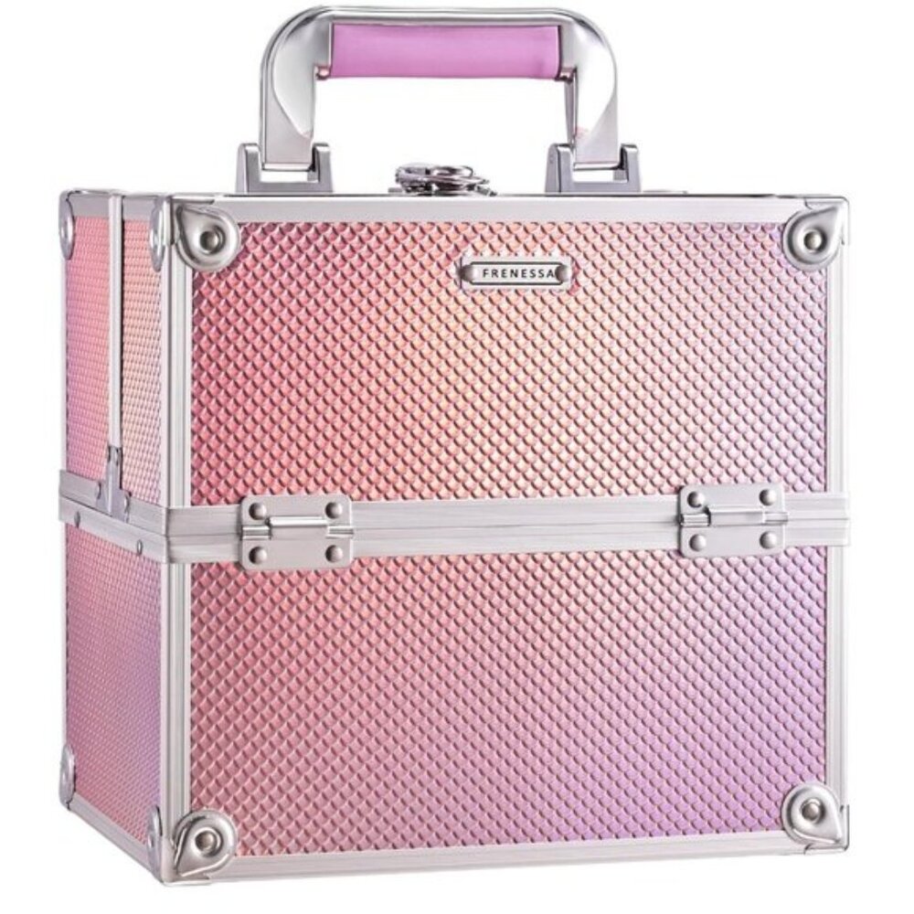 New Mermaid Pink Makeup Case, 4-Tray Lockable Cosmetic Organizer with Dividers